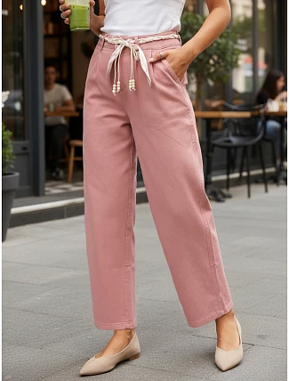 Dámské kalhoty s vysokým pasem a záševky růžové FashionStreet UY2904 Dámské kalhoty s vysokým pasem a záševky růžové FashionStreet UY2904