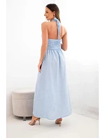 Dámské viskózové maxi šaty vázané u krku s ozdobnou sponou modrá