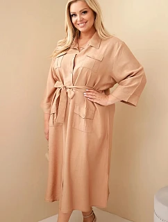 Dámské bavlněné košilové šaty Plus Size s páskem velbloudí barva