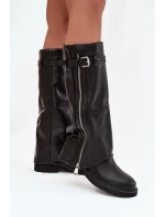 Dámské kozačky s obráceným límcem sponou a stříbrným zipem vyhřívané černé Bressa