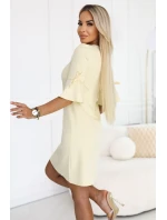 217-12 NEVA Dámské trapézové šaty s vázáním na rukávech - pastelově žluté 217-12 NEVA Dámské trapézové šaty s vázáním na rukávech - pastelově žluté