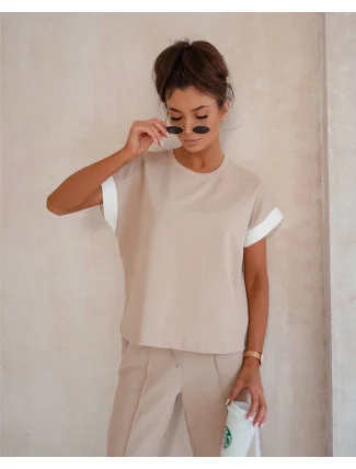 Béžový dámský sportovní komplet s kontrastními vsadkami (VE99)