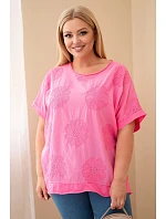Dámská bavlněná halenka Plus size s vyšívanými květy růžová