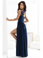 215-6 LEA dlouhé elegantní maxi šaty s krajkovým vrškem a rozparkem na nohou - tmavě modré