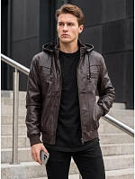 Pánská kožená zateplená bunda s kapucí, hnědá, FashionStreet TX5137