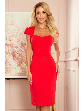 Červené dámské šaty v délce midi s pěkným výstřihem 318-1 Červené dámské šaty v délce midi s pěkným výstřihem 318-1
