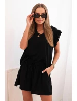 Dámský komplet z viskózy, blůza s volánky a krátké šortky černý