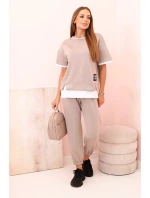 Dámská máslová souprava s krátkým rukávem a kalhotami tmavě béžová