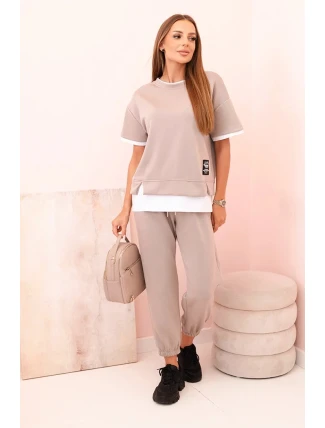 Dámská máslová souprava s krátkým rukávem a kalhotami tmavě béžová