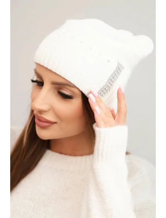 Dámská zimní čepice vlněná s krystaly K453 ecru