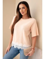 Dámský svetr s krátkým rukávem a krajkou lososový