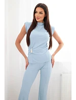 Dámský komplet s nařasenou halenkou a širokými kalhotami modrý Dámský komplet s nařasenou halenkou a širokými kalhotami modrý
