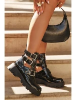 Lakované dámské kotníky s pásky a stříbrnými sponami Černé Helisse