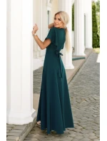 581-8 JENNIFER dlouhé šaty s rozparkem na nohou, rukávy a výstřihem - lahvově zelené