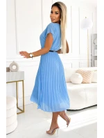 548-2 Plisované midi šaty s černým páskem - MODRÉ 548-2 Plisované midi šaty s černým páskem - MODRÉ