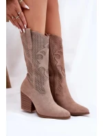 Dámské perforované kozačky ve stylu kovbojek na sloupkovém podpatku S.Barski – béžové, eko kůže