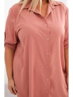 Dámská košilová šaty Plus Size s delším zadním dílem a ohrnovacími rukávy tmavě pudrově růžová