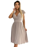 425-10 MATILDE Šaty s výstřihem a krátkými rukávy - béžové se třpytkami