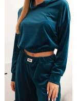 Dámská souprava z veluru s širokými nohavicemi a mikinou s kapucí chabrová