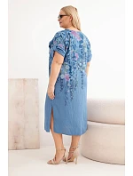 Dámské viskózové šaty Plus Size s krátkým rukávem a rozparky po stranách džínové