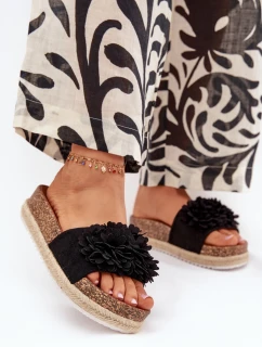 Dámské Pantofle Na Platformě S Ozdobnými Květinami Černé Tessara