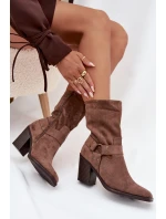 Dámské boty zateplené na podpatku s pásky a ozdobným detailem hnědé Neria