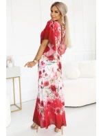 603-1 Vzdušné maxi šaty s obálkovým výstřihem a květinovým vzorem - RED ROSES 603-1 Vzdušné maxi šaty s obálkovým výstřihem a květinovým vzorem - RED ROSES