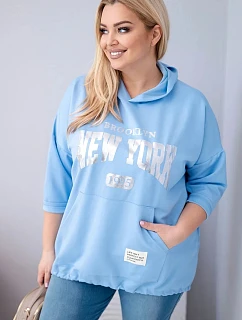 Dámská mikina ve velikosti Plus z viskózy s kapucí a klokankovou kapsou modrá