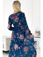 Světle modré květované dlouhé dámské plisované šifonové šaty s výstřihem, dlouhými rukávy a páskem 519-3