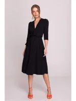 S404 Úpletové šaty s vázacím páskem - černé