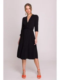 S404 Úpletové šaty s vázacím páskem - černé