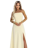 663-3 ELARA korzetové maxi šaty s rozparkem a zavazováním na zádech - máslově žluté