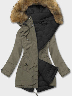 Khaki-černá oboustranná dámská zimní bunda (2M-21508)