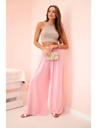 široké dámské viskózové kalhoty s elastickým pasem světle růžové