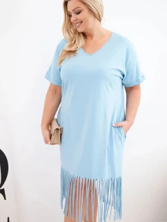 Dámské bavlněné šaty s výstřihem do V a s třásněmi Plus Size modrá