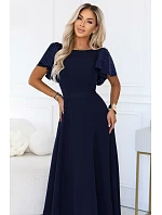 694-4 MIRELLA Elegantní maxišaty s rozšiřujícím se střihem a flitrovými rukávy – tmavě modré 694-4 MIRELLA Elegantní maxišaty s rozšiřujícím se střihem a flitrovými rukávy – tmavě modré