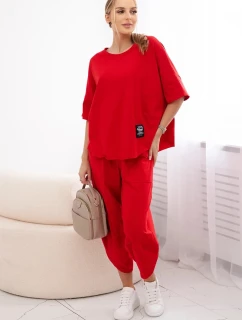 Bavlněný komplet halenka + kalhoty červený