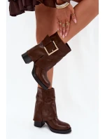 Dámské Zateplené Boty Na Podpatku Se Zlatou Sponou Hnědé Milira