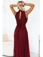 636-1 VERONICA luxusní dlouhé šaty s brokátovým akcentem a elegantní linií - vínová barva