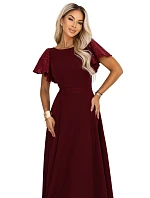 694-3 MIRELLA Elegantní maxi šaty s rozšiřujícími se sukněmi a flitrovými rukávy – vínová 694-3 MIRELLA Elegantní maxi šaty s rozšiřujícími se sukněmi a flitrovými rukávy – vínová