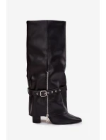 Dámské kozačky na klínku s ozdobným páskem eko kůže černé Jolivine