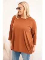 Dámská blůza Plus Size z bavlny s ozdobnými knoflíky a ohrnovacími rukávy camelová