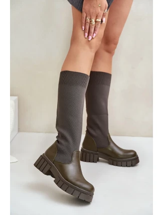 Kozačky s elastickým svrškem na plochém podpatku tmavě zelené Mesidra