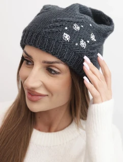 Dámská zimní čepice z vlny s ozdobnými aplikacemi K468 grafitová
