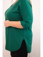 Dámská bavlněná blůza Plus Size s výstřihem do V a ohrnutým rukávem tmavě zelená