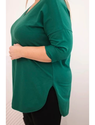 Dámská bavlněná blůza Plus Size s výstřihem do V a ohrnutým rukávem tmavě zelená