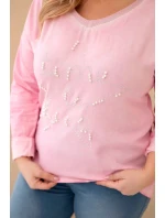 Dámská blůza Plus Size s potiskem a perlami světle růžová