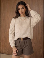 Dámský oversize svetr s copánkovým vzorem, světle béžový, FashionStreet MY2590 Dámský oversize svetr s copánkovým vzorem, světle béžový, FashionStreet MY2590