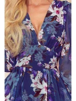 FRANCES - Tmavě modré květované dámské šifonové šaty s dekoltem 388-1