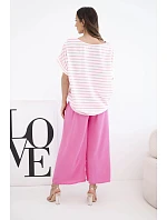 Dámský viskózový komplet s pruhovanou halenkou a širokými kalhotami s gumou růžový